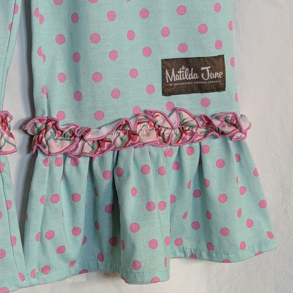 Matilda Jane girls sz 8 ruffled pants or sleepwear green with pink polka dots - Picture 3 of 5